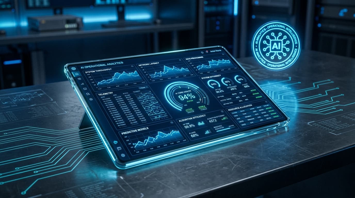 AI Operational Analytics Dashboard Screen on workstation with glowing circuits