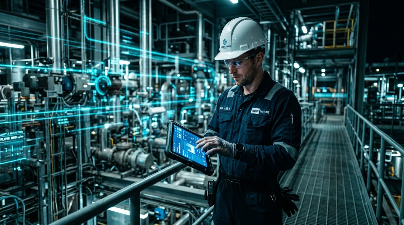 Industrial Automation Engineer operating touchscreen tablet in manufacturing plant