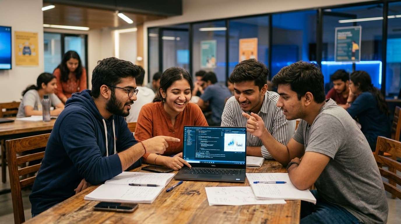 Young engineering students and technology professionals collaborating around a laptop in an inspiring learning studio