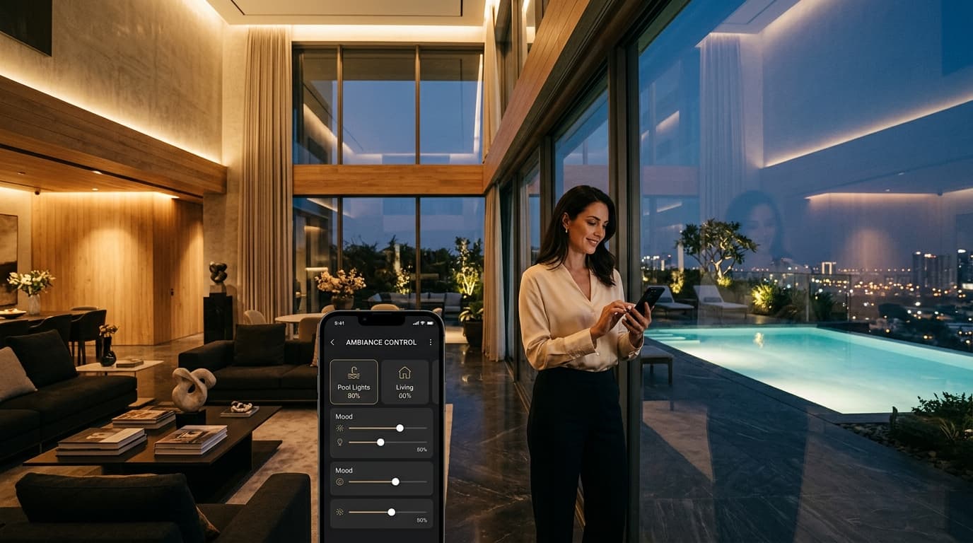Finished luxury smart home living room with intuitive ambient control