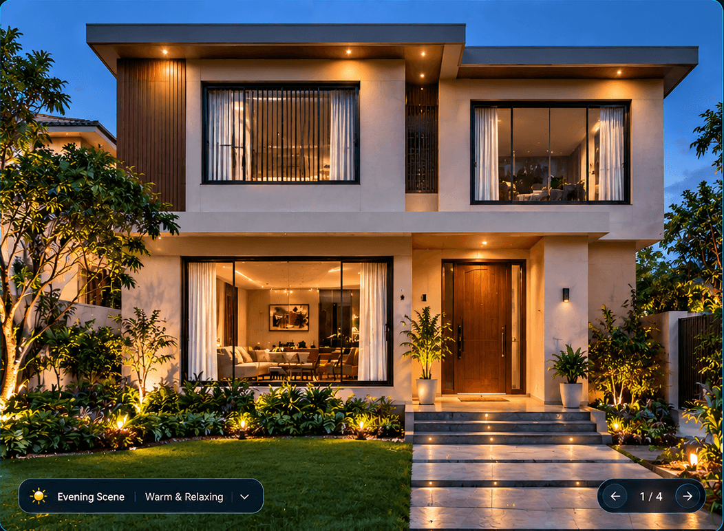 Modern two-storey smart villa with warmly lit windows, curtains and garden lighting